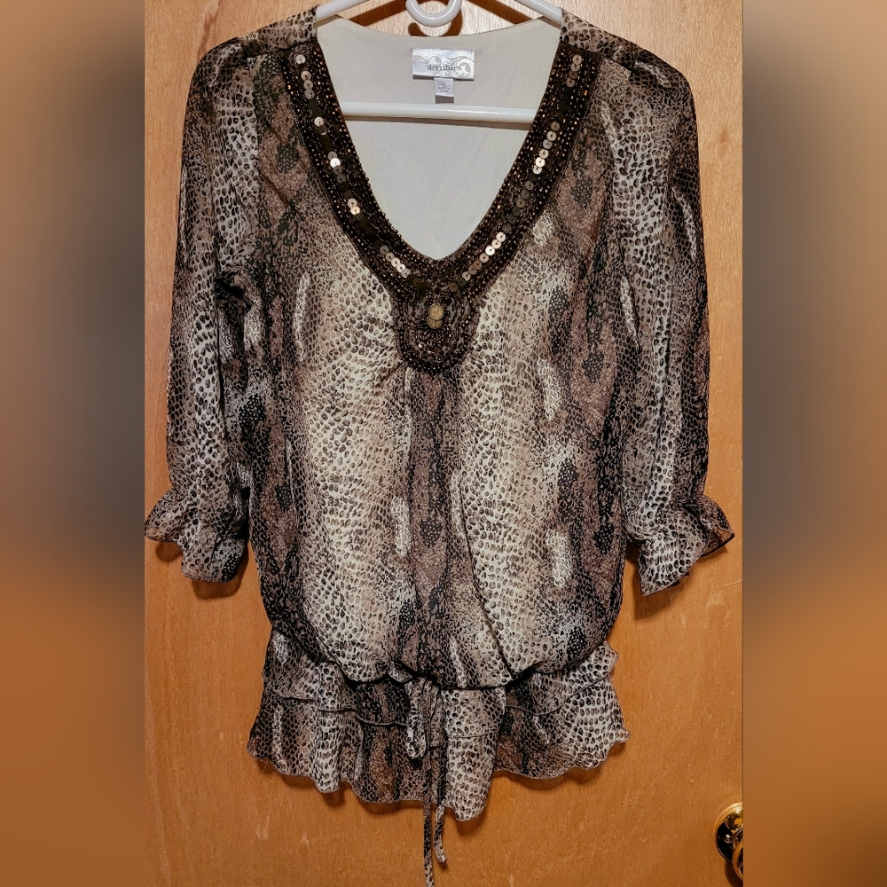 Dressbarn Top With Snakeskin Pattern Beads at the Collar Size Small